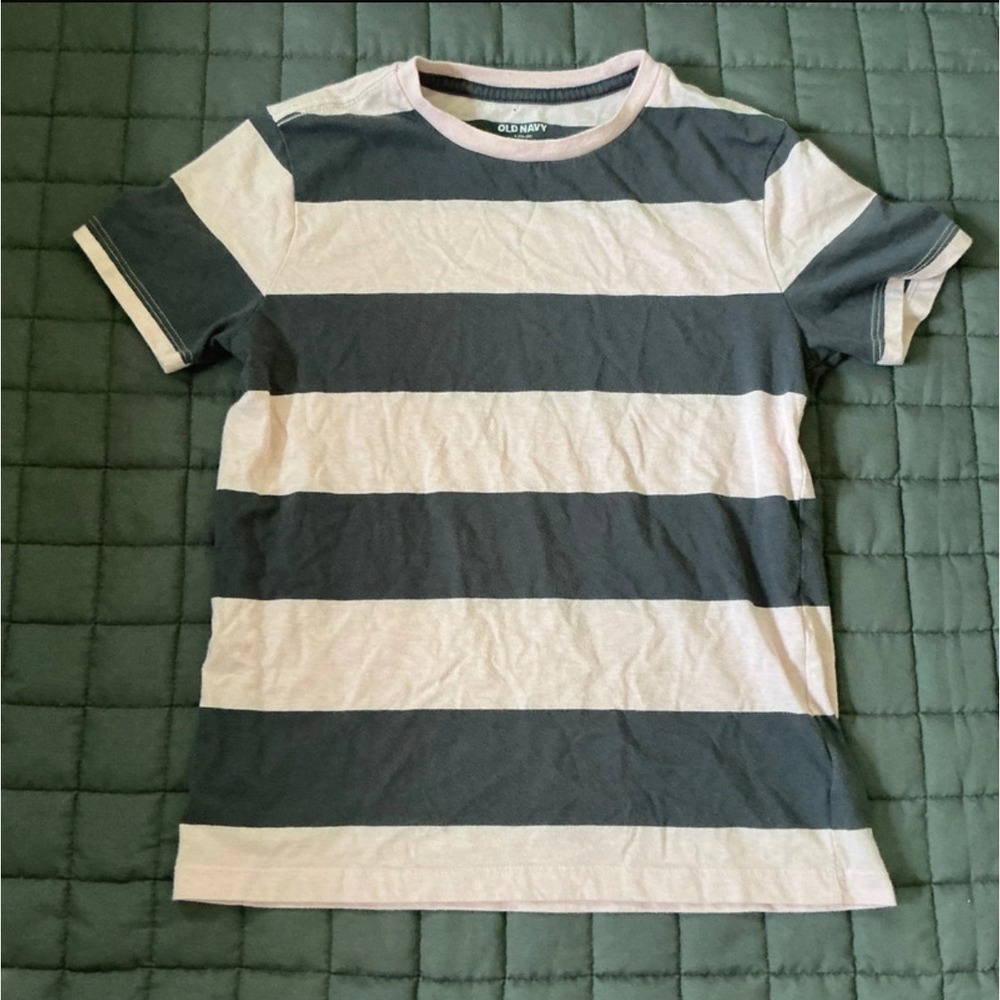 Old Navy Boys Striped T-Shirt Charcoal Grey Pink Short Sleeve Crew Neck— L 10-12